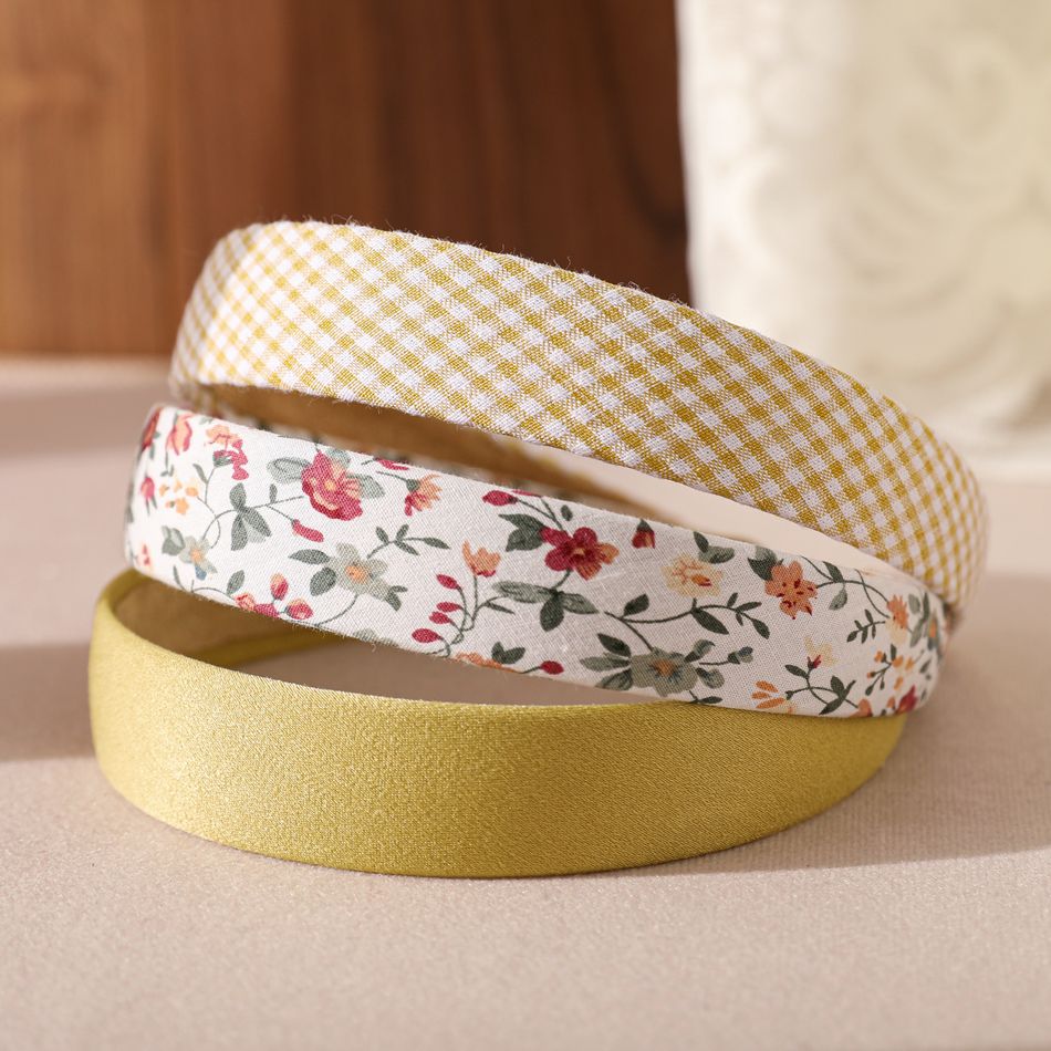 3er-Pack Stirnbänder mit einfarbigem, floralem und kariertem Muster für Mädchen gelb big image 1