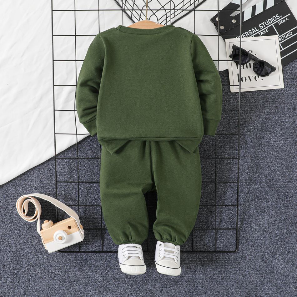 2pcs Baby Boy Letter Embroidered Green Long-sleeve Sweatshirt and Sweatpants Set Army green big image 2