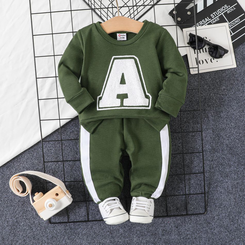 2pcs Baby Boy Letter Embroidered Green Long-sleeve Sweatshirt and Sweatpants Set Army green big image 1