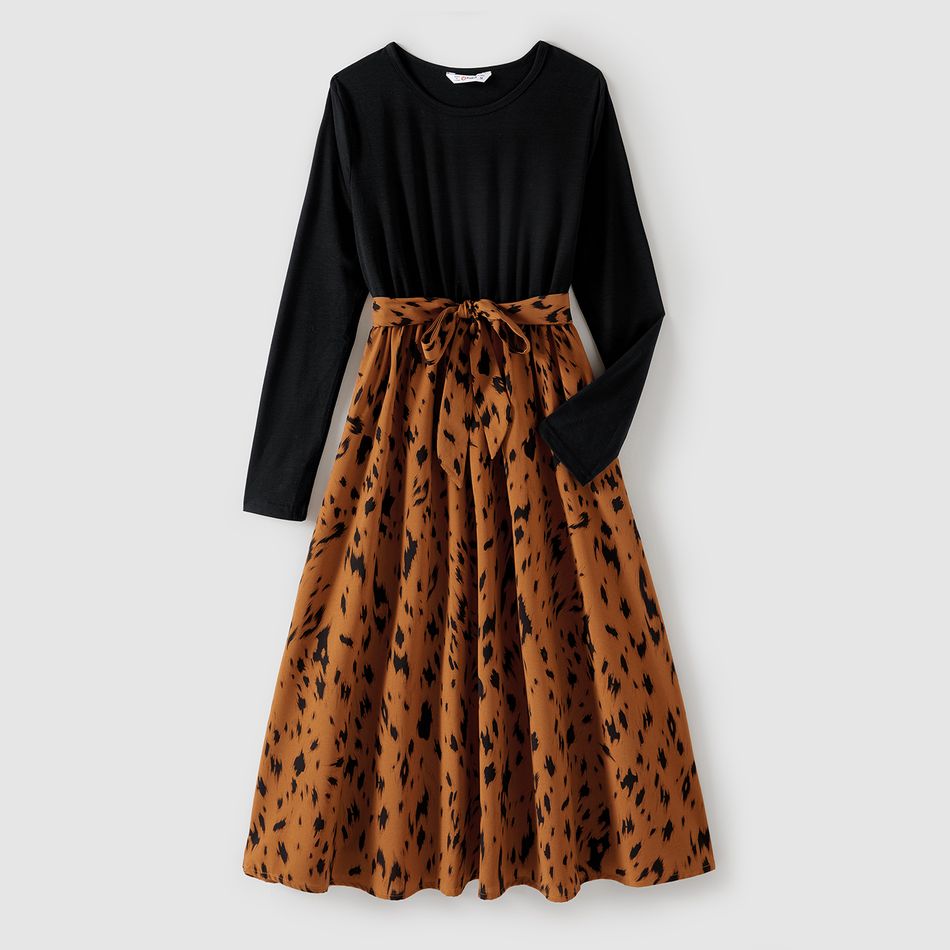 Family Matching Black Spliced Leopard Print Belted Dresses and Long-sleeve Colorblock T-shirts Sets Multi-color big image 2