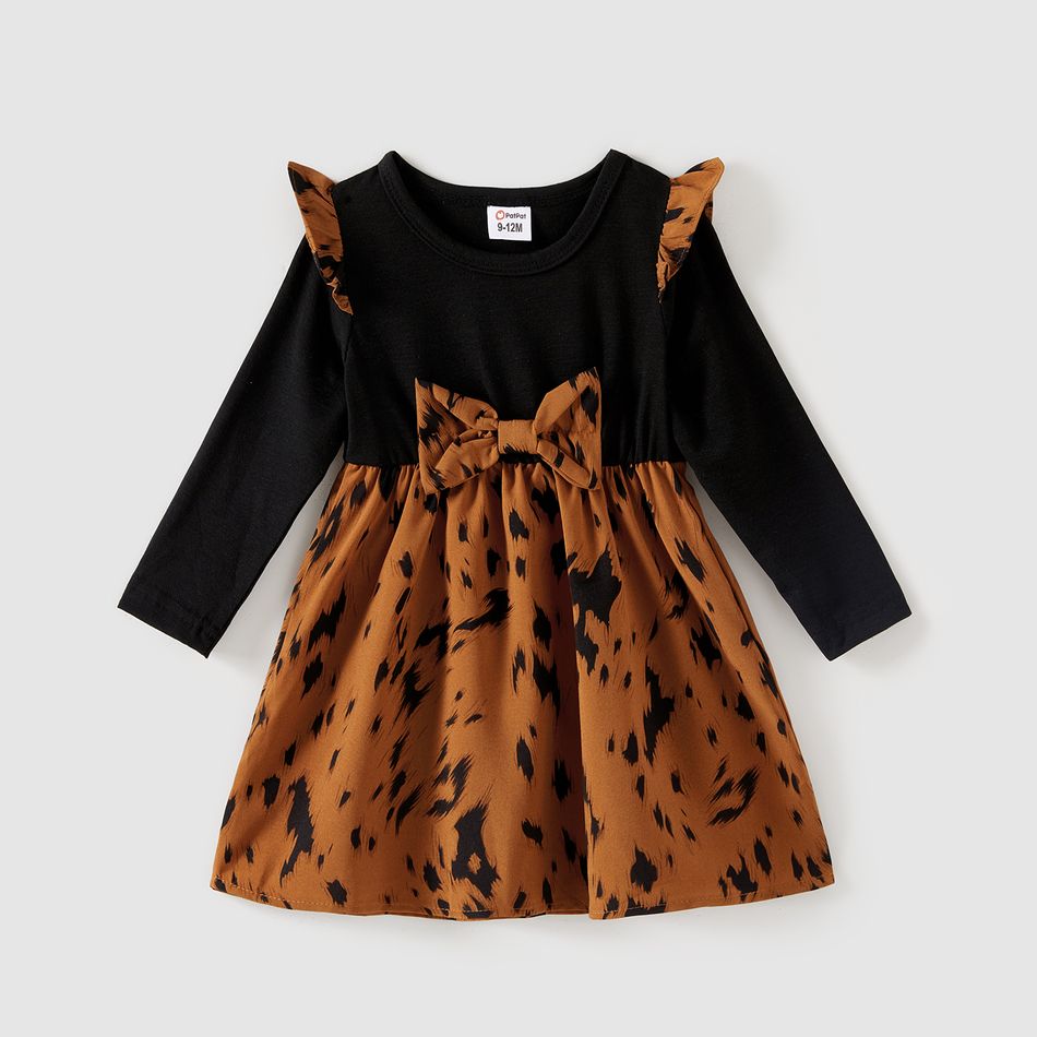 Family Matching Black Spliced Leopard Print Belted Dresses and Long-sleeve Colorblock T-shirts Sets Multi-color big image 8