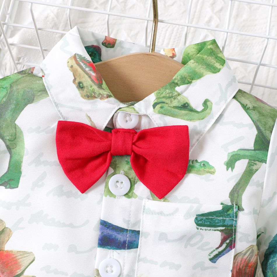 2pcs Baby Boy 100% Cotton Solid Casual Pants and Allover Dinosaur Print Long-sleeve Bow Tie Shirt Romper Set Army green big image 4