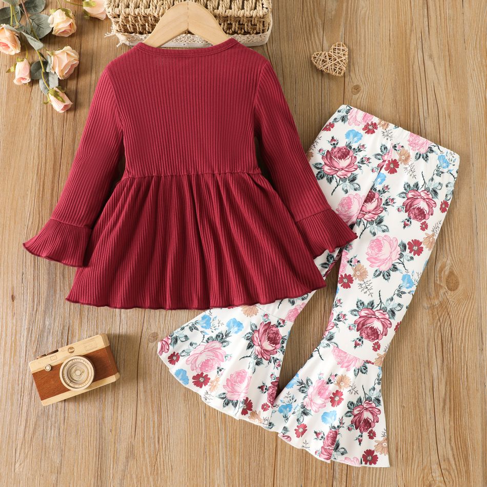 2pcs Toddler Girl Sweet Ribbed Peplum Tee and Floral Print Flared Pants Set Red big image 2