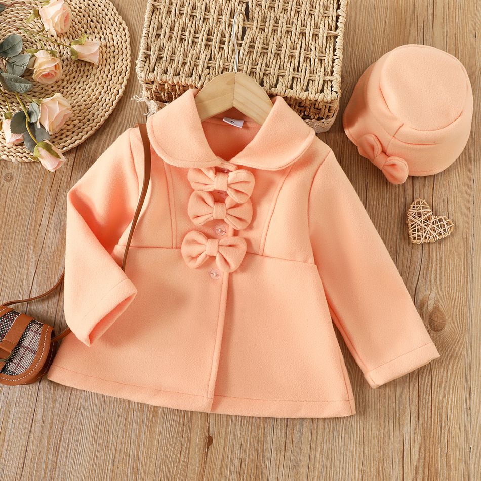 2pcs Toddler Girl Sweet Bows Design Cap and Doll Collar Button Design Coat Pink big image 1