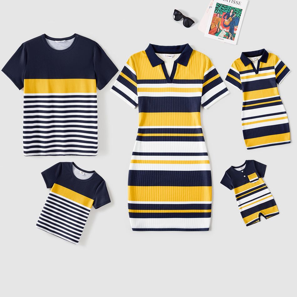 Family Matching Colorblock Striped Short-sleeve Polo Neck Bodycon Dresses and T-shirts Sets ColorBlock big image 1