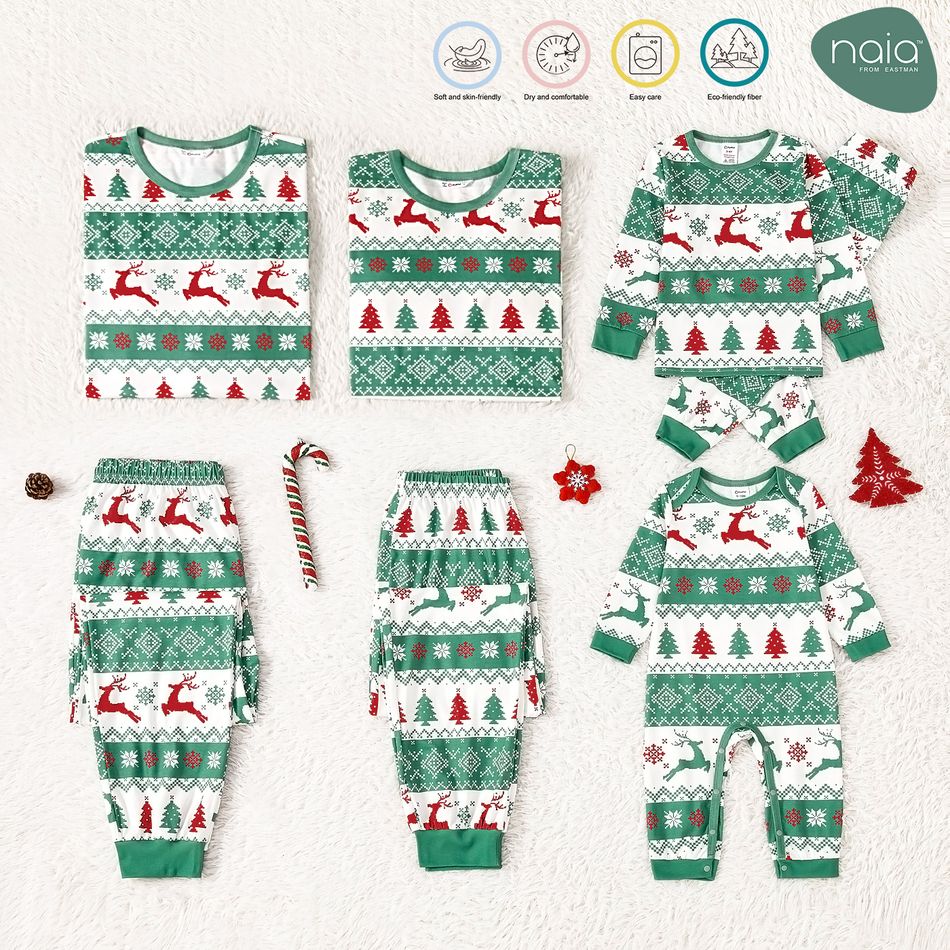 Christmas Family Matching Allover Xmas Tree & Reindeer Print Green Long-sleeve Pajamas Sets (Flame Resistant) Light Green
