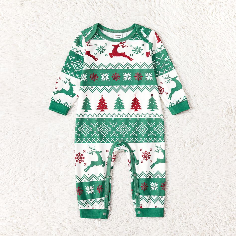 Christmas Family Matching Allover Xmas Tree & Reindeer Print Green Long-sleeve Naia Pajamas Sets (Flame Resistant) Light Green big image 11