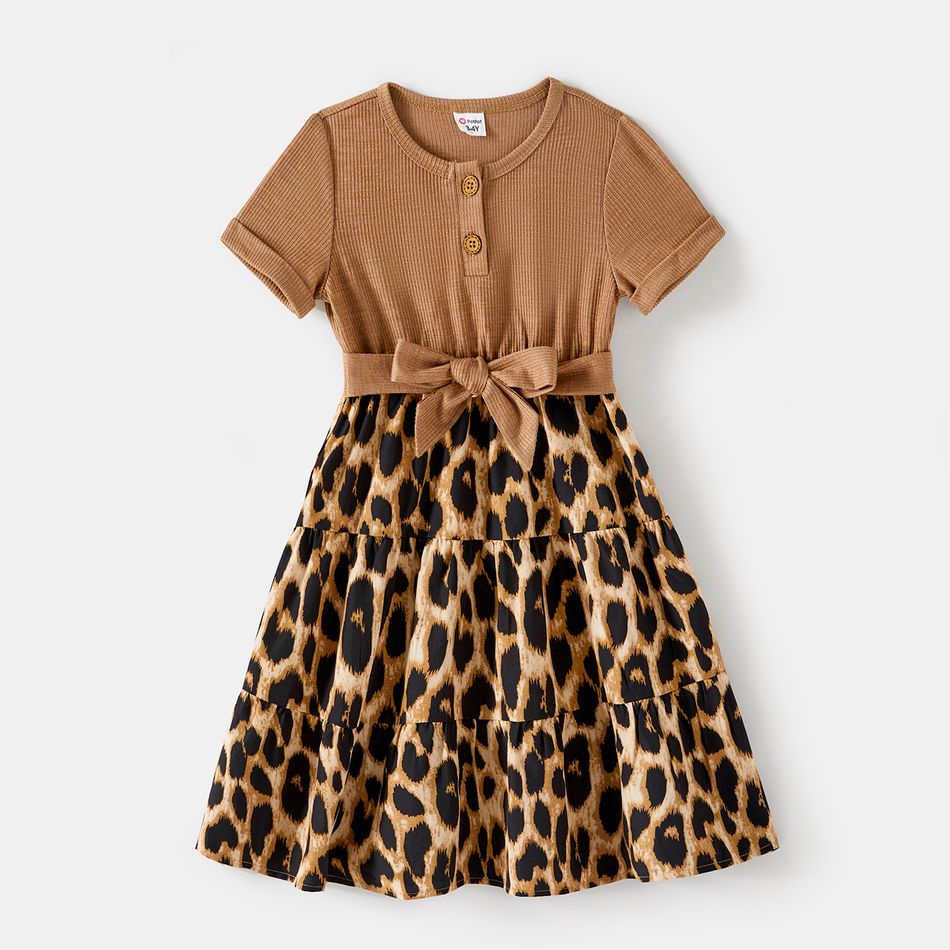 Family Matching Khaki Short-sleeve Spliced Leopard Print Midi Dresses and T-shirts Sets Khaki big image 5