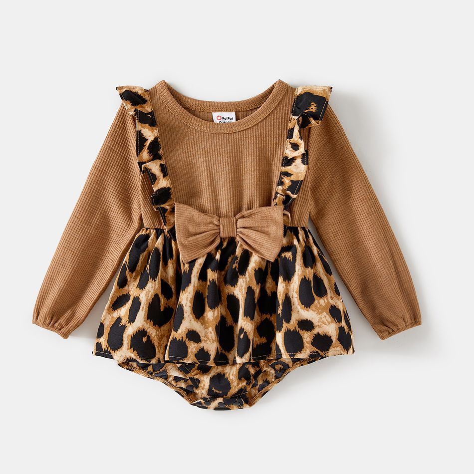 Family Matching Khaki Short-sleeve Spliced Leopard Print Midi Dresses and T-shirts Sets Khaki big image 12