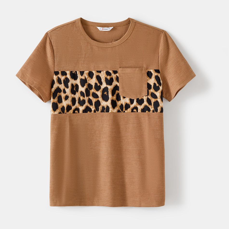 Family Matching Khaki Short-sleeve Spliced Leopard Print Midi Dresses and T-shirts Sets Khaki big image 7