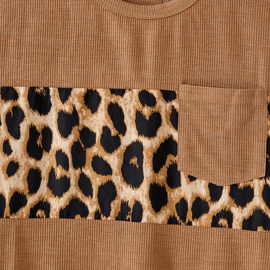 Family Matching Khaki Short-sleeve Spliced Leopard Print Midi Dresses and T-shirts Sets Khaki big image 8
