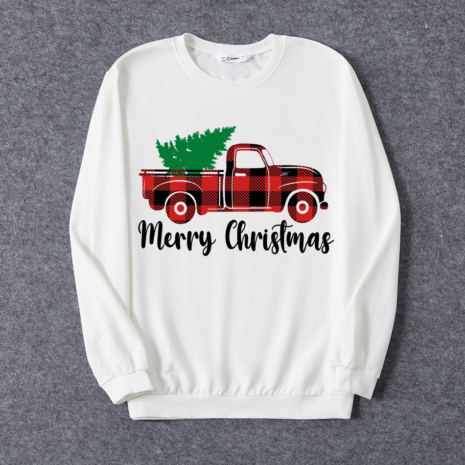 Christmas Family Matching 100% Cotton Red Plaid Truck & Letter Print Long-sleeve Sweatshirts White big image 6