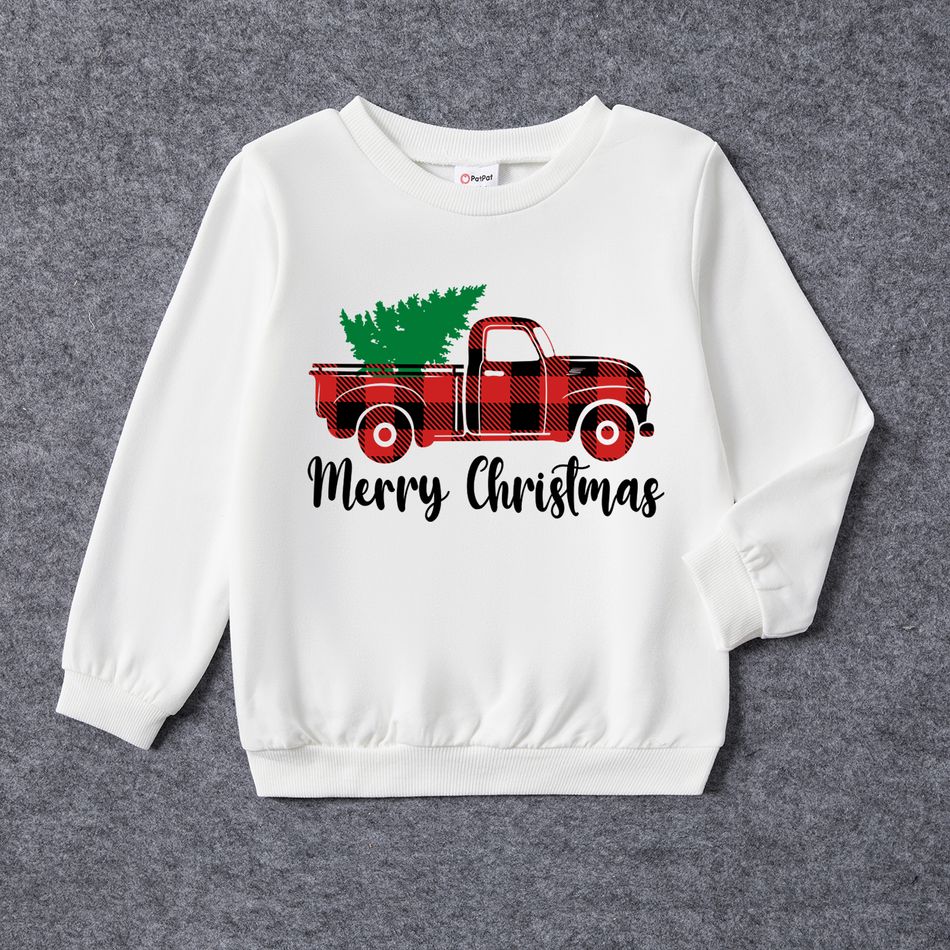 Christmas Family Matching 100% Cotton Red Plaid Truck & Letter Print Long-sleeve Sweatshirts White big image 8