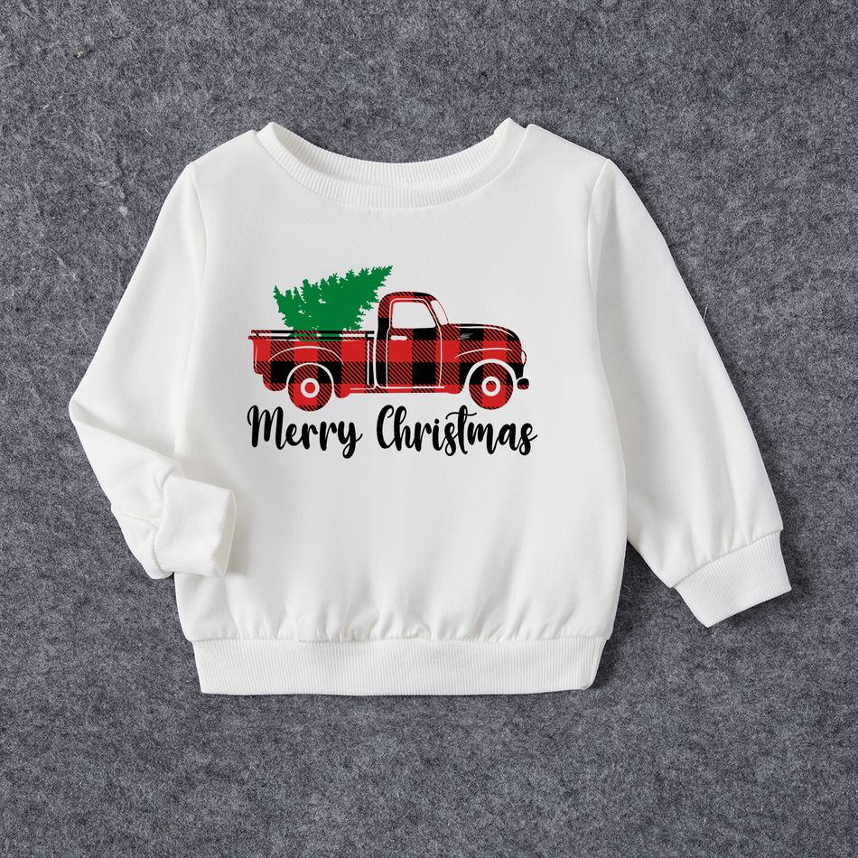 Christmas Family Matching 100% Cotton Red Plaid Truck & Letter Print Long-sleeve Sweatshirts White big image 10