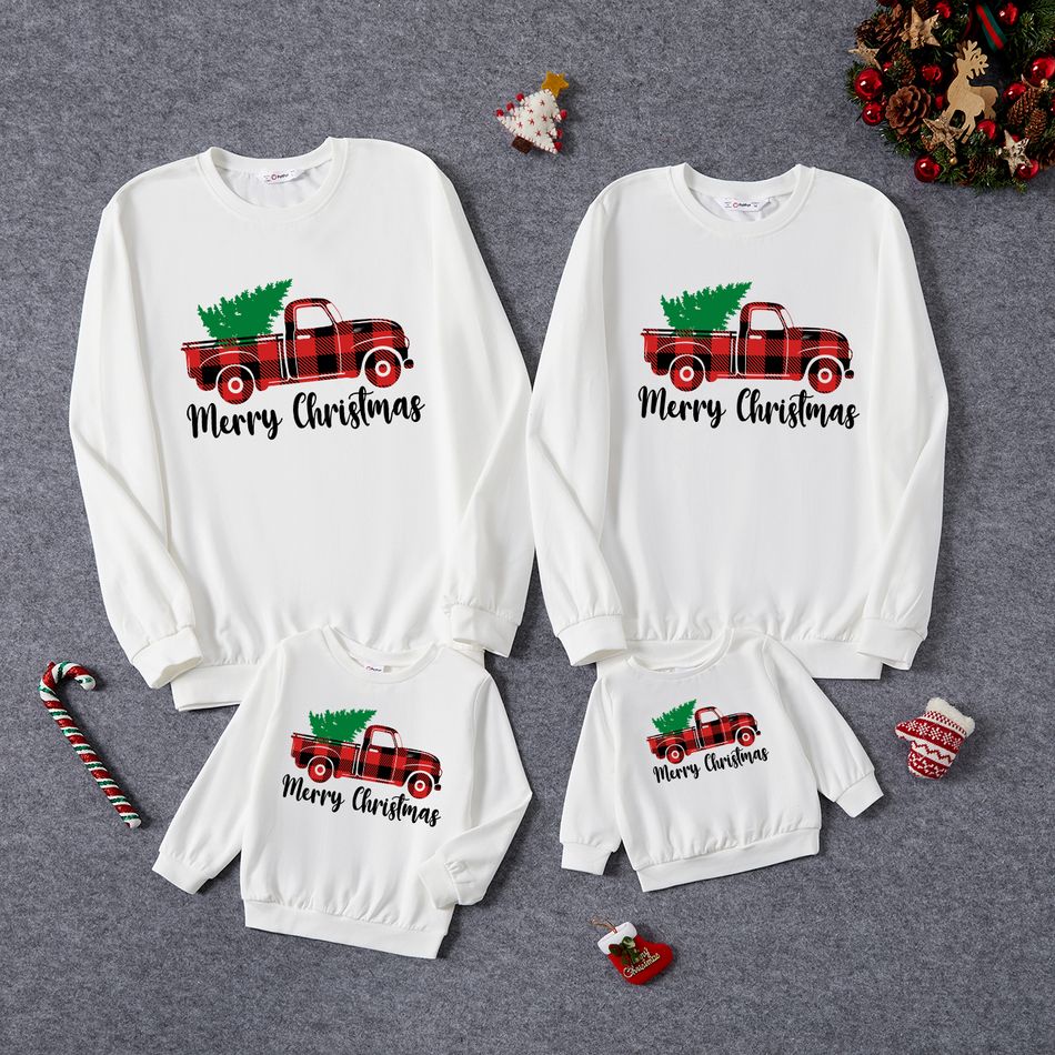 Christmas Family Matching 100% Cotton Red Plaid Truck & Letter Print Long-sleeve Sweatshirts White big image 1