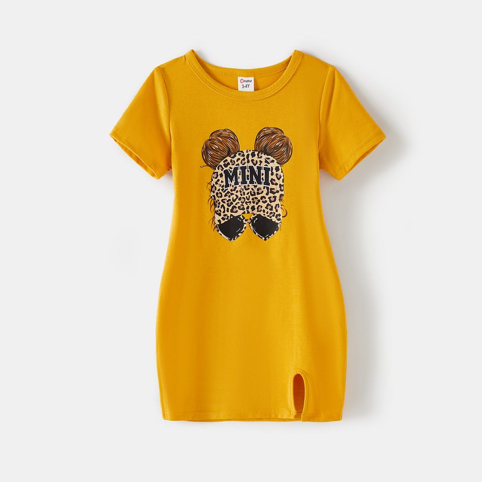 Mommy and Me Leopard Figure Print Yellow Short-sleeve Split Hem Bodycon T-shirt Dresses Yellow big image 6