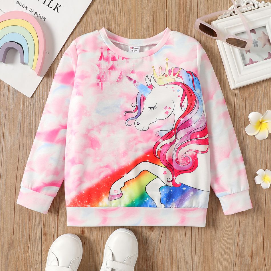 Kid Girl Unicorn Print Tie Dyed Pullover Sweatshirt Pink big image 1