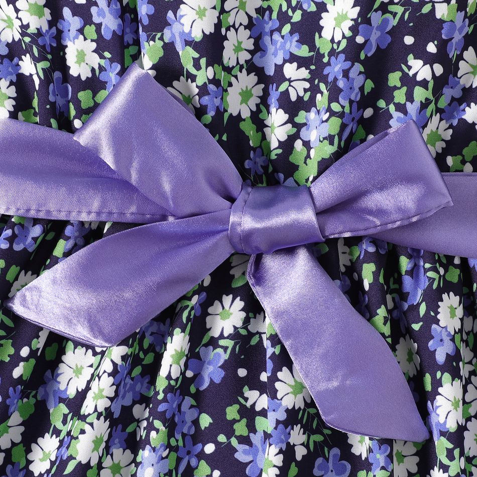 2pcs Kid Girl Floral Print Belted Sleeveless Dress and Bowknot Design Cardigan Set Lavender big image 3