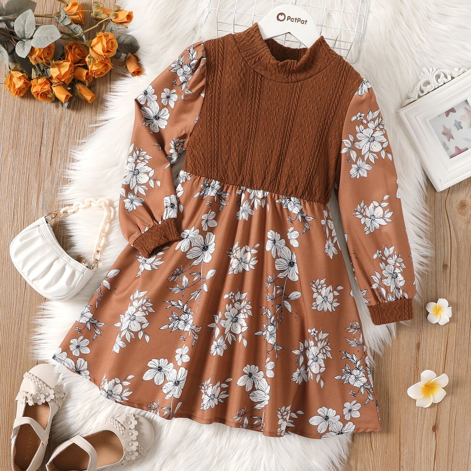 Kid Girl Floral Print Mock Neck Colorblock Long-sleeve Dress Coffee big image 1