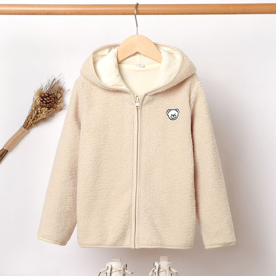 Kid Boy/Kid Girl Bear Embroidered Solid Color Thick Polar Fleece Hooded Coat Beige