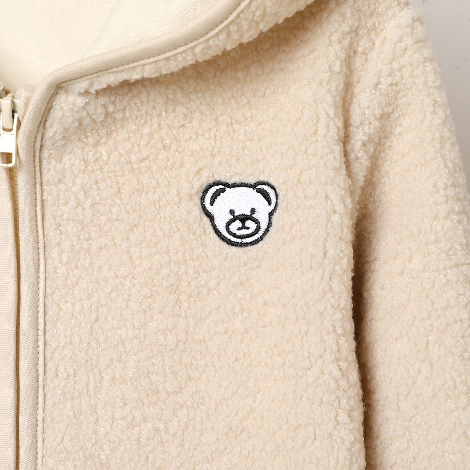 Kid Boy/Kid Girl Bear Embroidered Solid Color Thick Polar Fleece Hooded Coat Beige big image 4