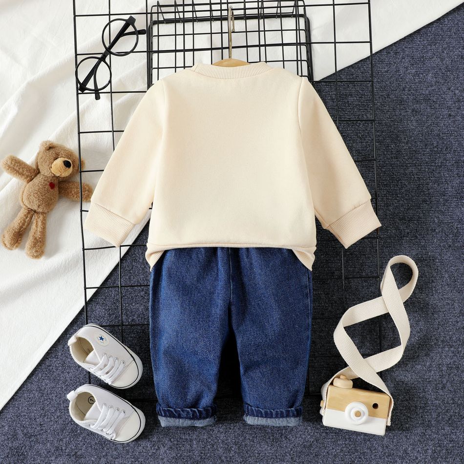 2pcs Baby Boy/Girl Letter Print Long-sleeve Sweatshirt and Jeans Set Almond Beige big image 2