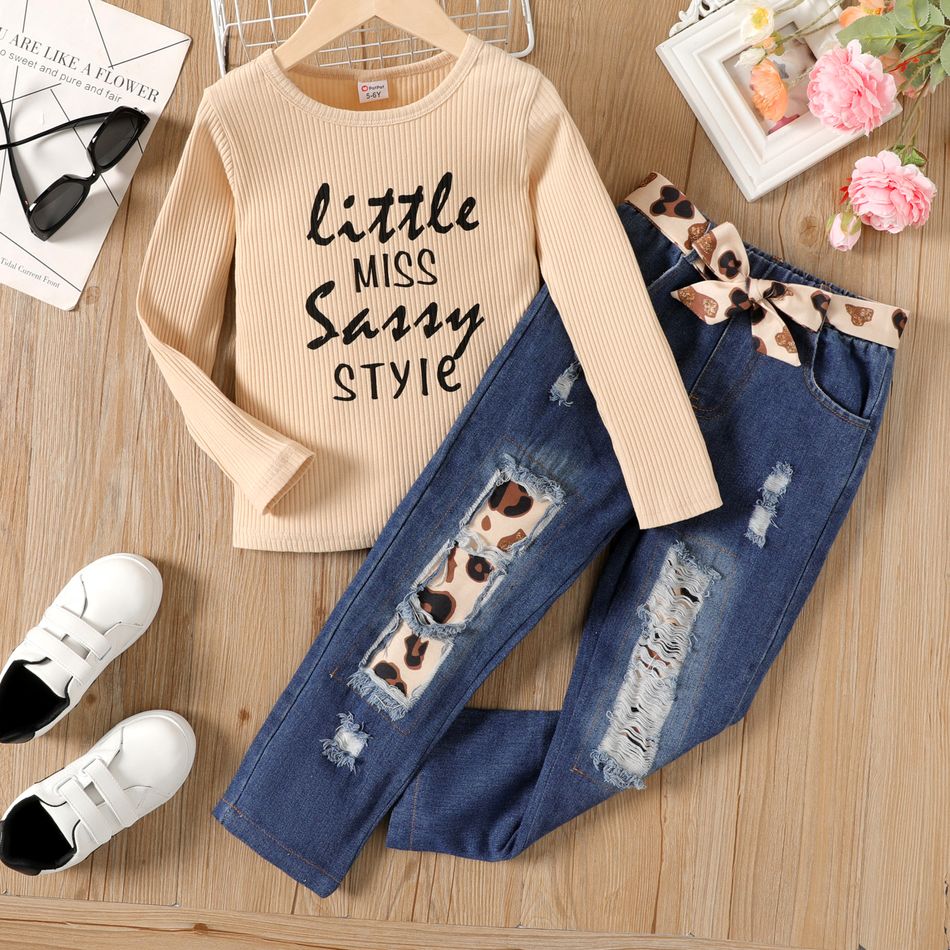 2pcs Kid Girl Letter Print Long-sleeve Tee and Patchwork Rippen Denim Jeans Set Almond Beige