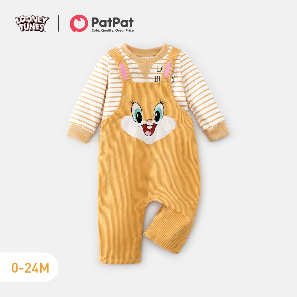 Looney Tunes 2pcs Baby Boy/Girl Rabbit Graphic Corduroy Overalls and Long-sleeve Striped Sweatshirt Set Yellow