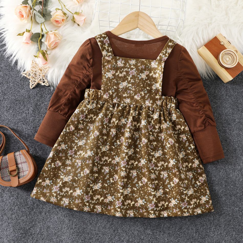2pcs Toddler Girl Sweet Puff-sleeve Tee and Floral Print Corduroy Overall Dress Set Brown big image 2