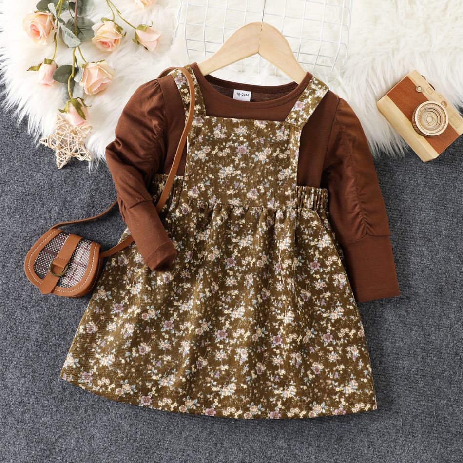 2pcs Toddler Girl Sweet Puff-sleeve Tee and Floral Print Corduroy Overall Dress Set Brown big image 1