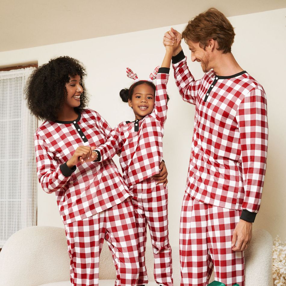 Christmas Family Matching Red Plaid Print Long-sleeve Naia Pajamas Sets (Flame Resistant) WineRed big image 2