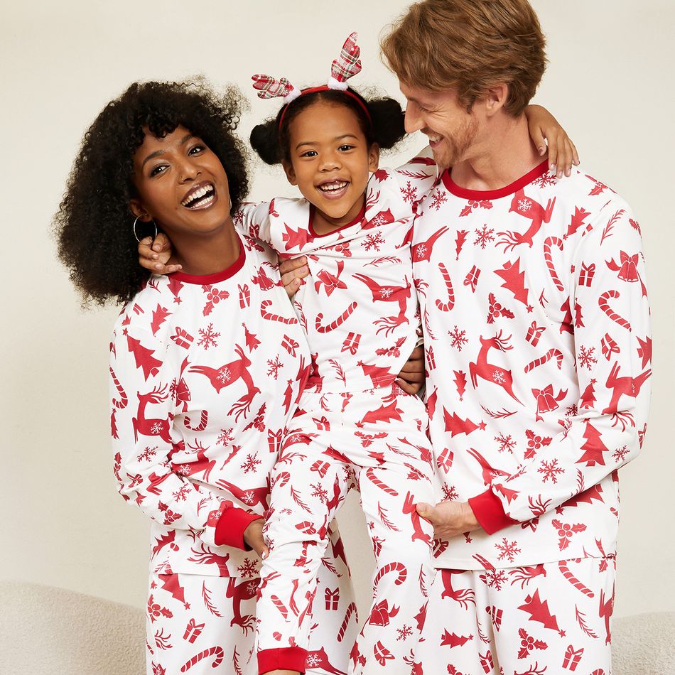 Christmas Family Matching Allover Deer Print Long-sleeve Naia Pajamas Sets (Flame Resistant) White