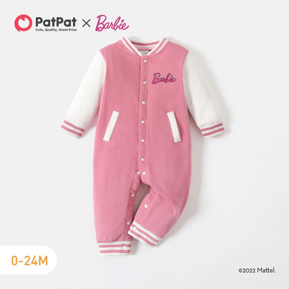 Barbie Baby Girl Letter Graphic Drop Shoulder Long-sleeve Button Front Jumpsuit Pink