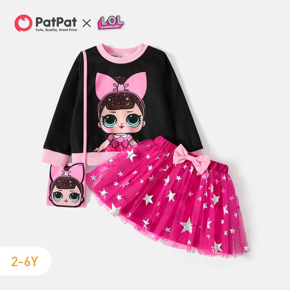 L.O.L. SURPRISE! 3pcs Toddler Girl Character Print Long-sleeve Tee and Star Glitter Design Mesh Skirt and Bag Set Black