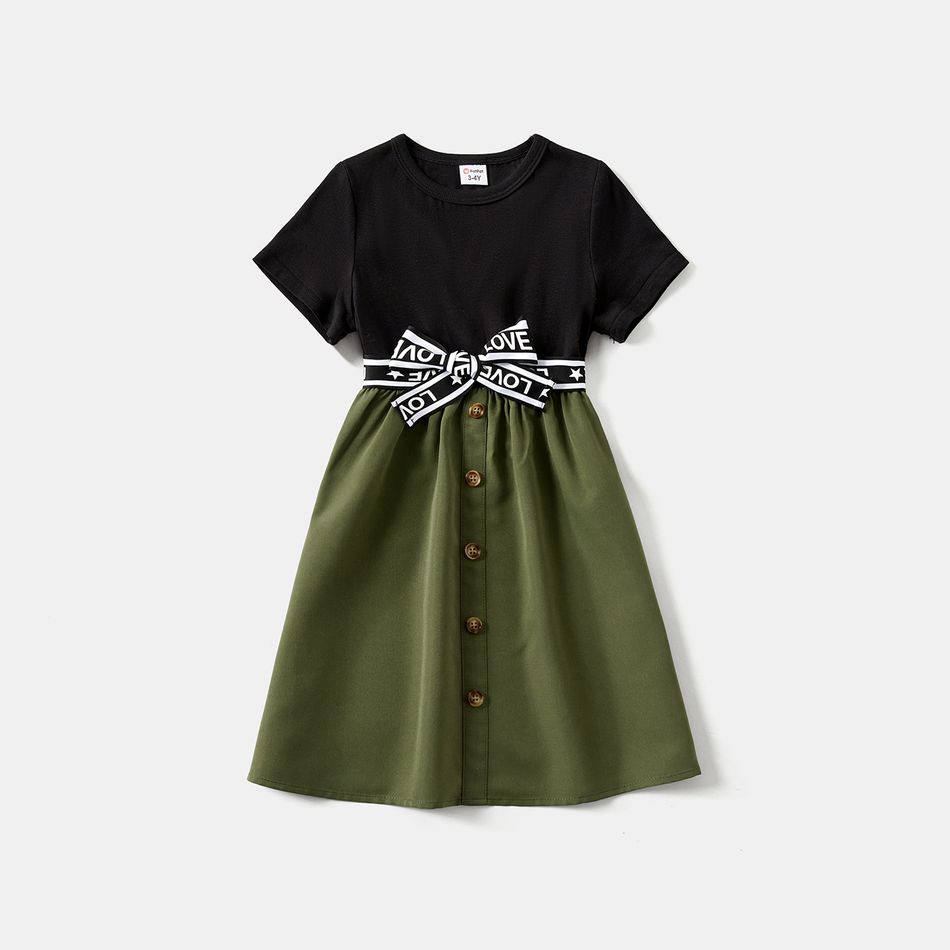 Mommy and Me Button Front Letter Belted Solid Spliced Short-sleeve Dresses Army green big image 4