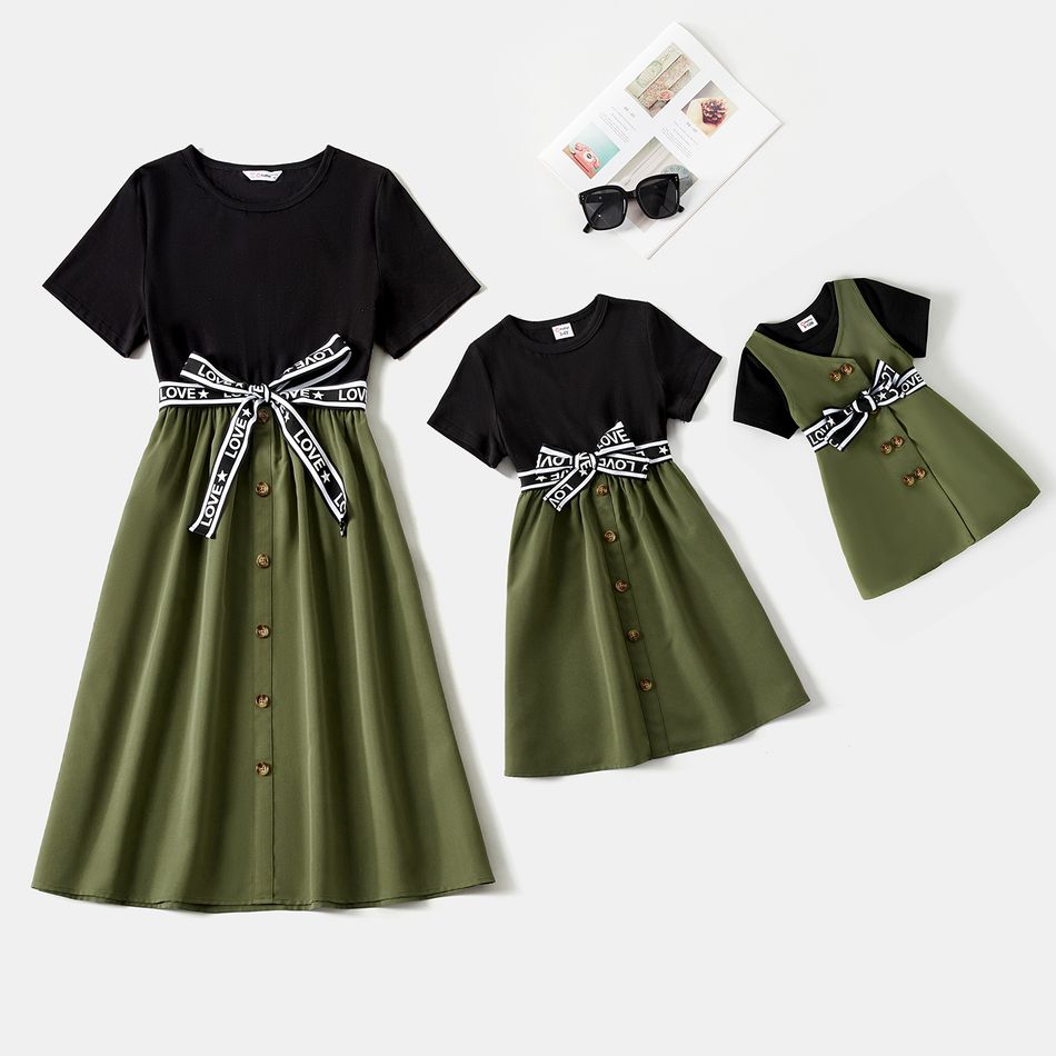 Mommy and Me Button Front Letter Belted Solid Spliced Short-sleeve Dresses Army green big image 1