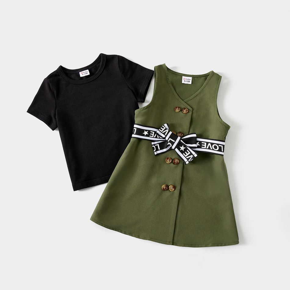 Mommy and Me Button Front Letter Belted Solid Spliced Short-sleeve Dresses Army green big image 7