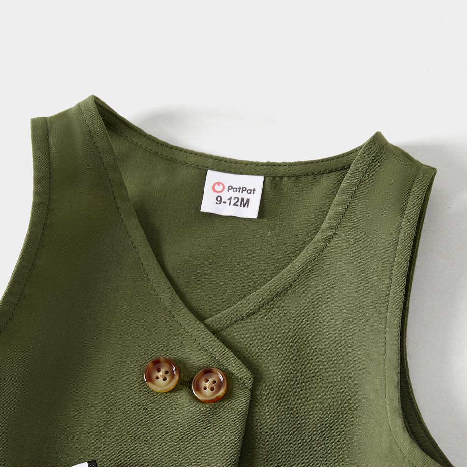 Mommy and Me Button Front Letter Belted Solid Spliced Short-sleeve Dresses Army green big image 8