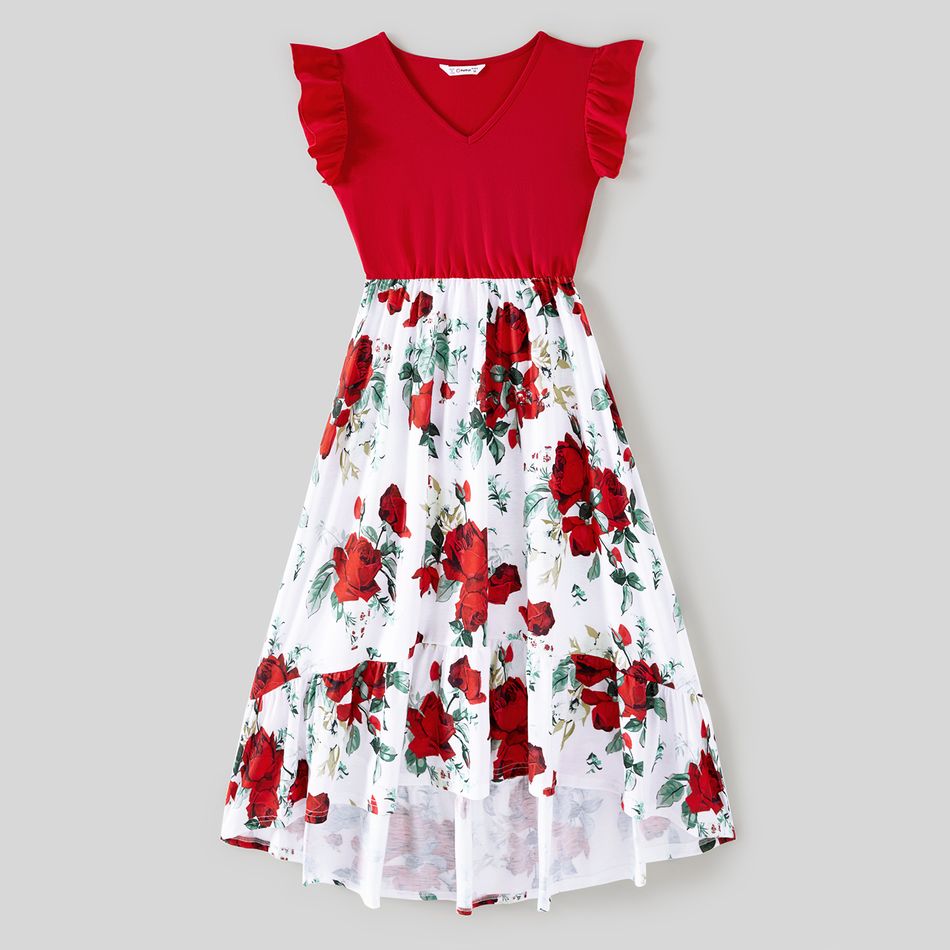 Valentine's Day Family Matching Solid Spliced Floral Print High Low Hem Dresses and Short-sleeve Colorblock Polo Shirts Sets Multi-color big image 2