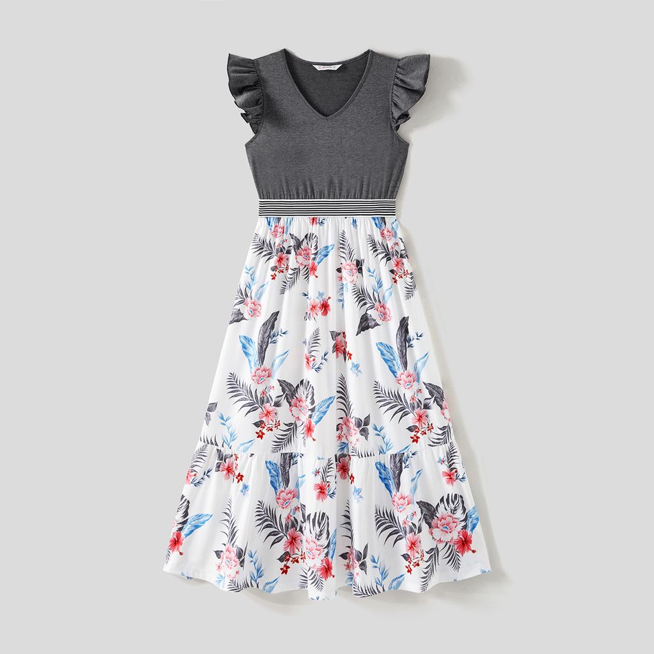 Family Matching Allover Floral Print Short-sleeve T-shirts and Flutter-sleeve Spliced Dresses Sets Grey big image 2
