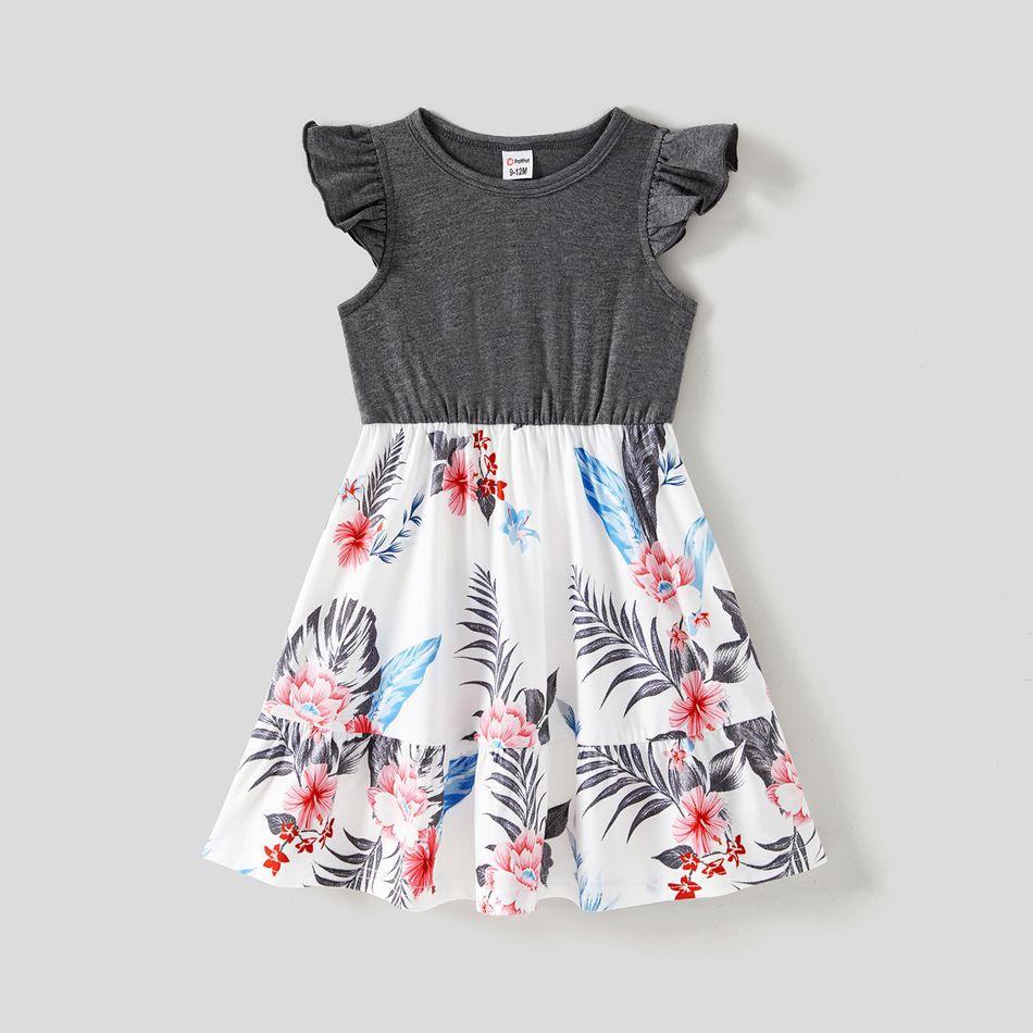 Family Matching Allover Floral Print Short-sleeve T-shirts and Flutter-sleeve Spliced Dresses Sets Grey big image 5