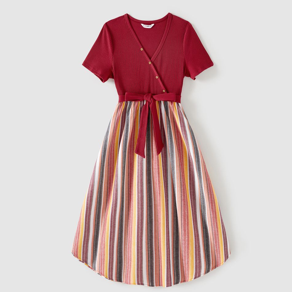 Family Matching Button Front Ribbed Spliced Striped Dresses and Short-sleeve Colorblock T-shirts Sets WineRed big image 2
