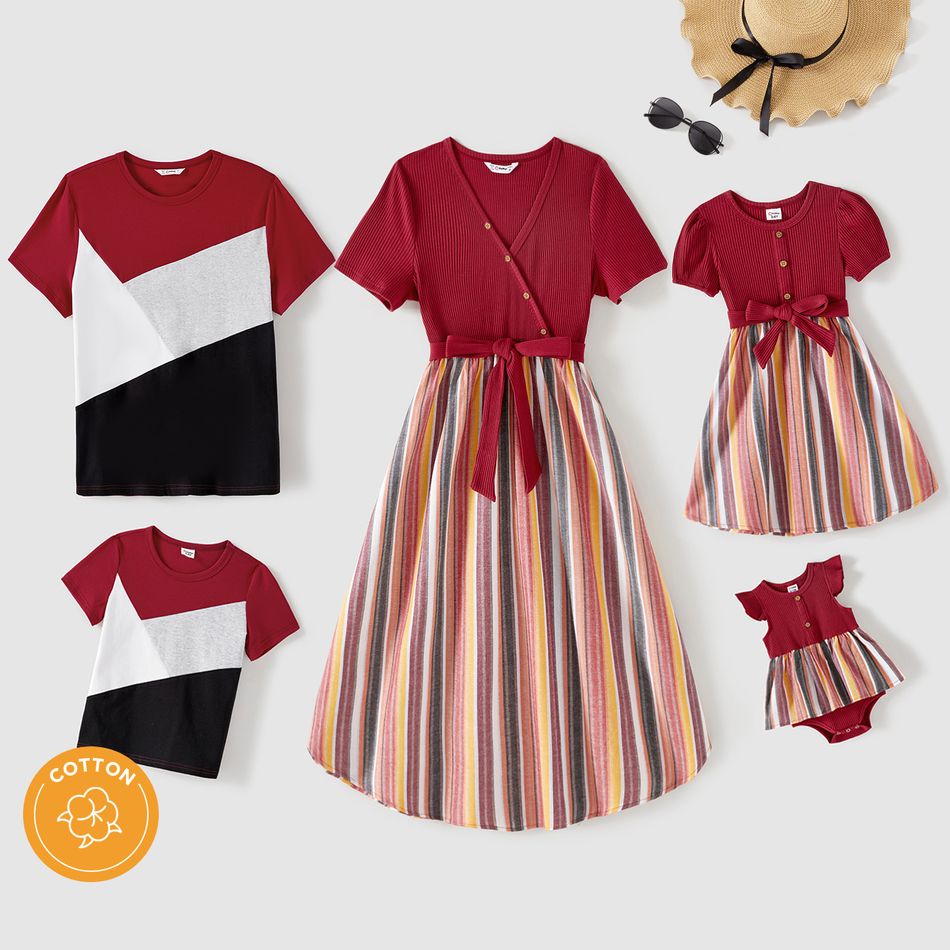 Family Matching Button Front Ribbed Spliced Striped Dresses and Short-sleeve Colorblock T-shirts Sets WineRed