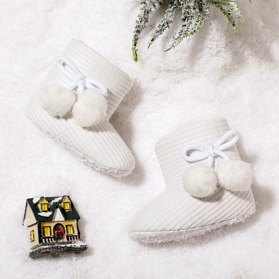 Baby / Toddler Girl Knitted Bowknot Fluff Ball Fleece-lining Prewalker Shoes White big image 4