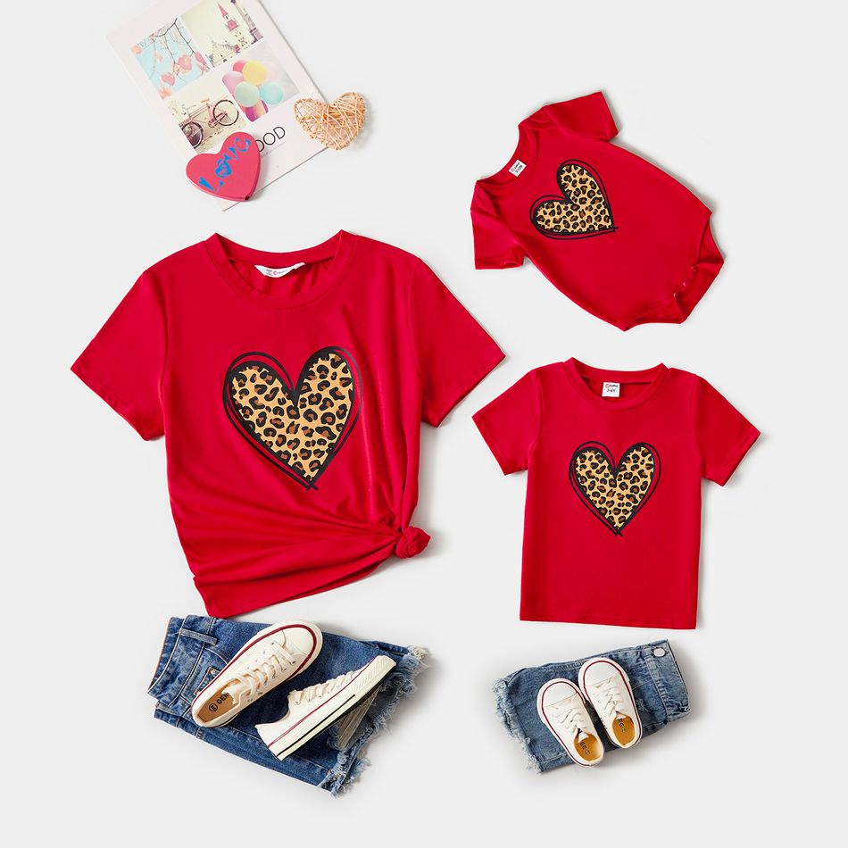 Valentine's Day Mommy and Me Leopard Heart Print Red Short-sleeve T-shirts Red