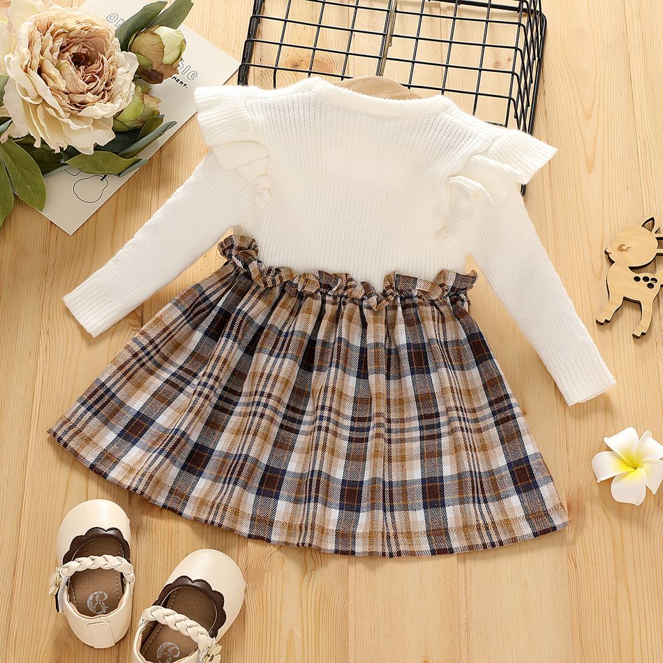 Baby Girl Solid Rib Knit Ruffle Long-sleeve Spliced Plaid Bow Front Dress Beige big image 2