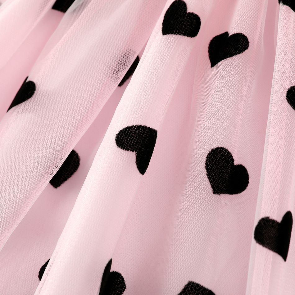 Kid Girl Heart Embroidered Flounce One Shoulder Mesh Splice Long-sleeve Dress Pink big image 5