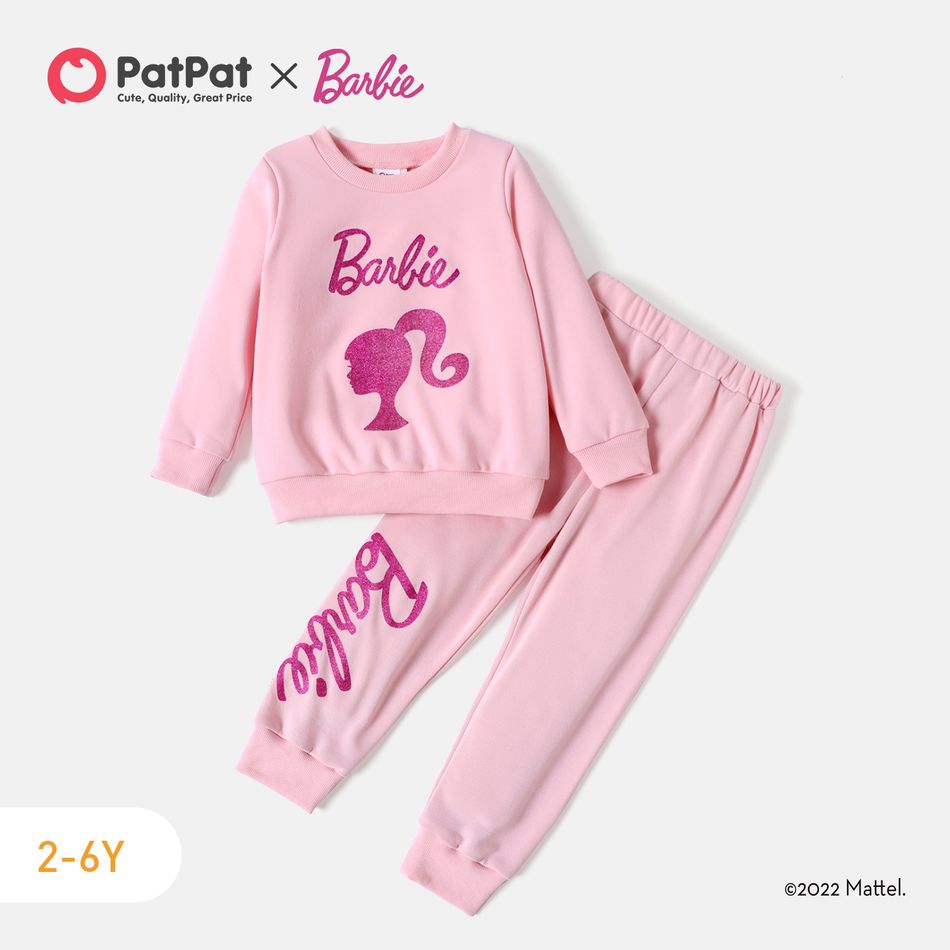 Barbie 2pcs Toddler Girl Character Letter Print Cotton Pullover Sweatshirt and Elasticized Pants Set Pink