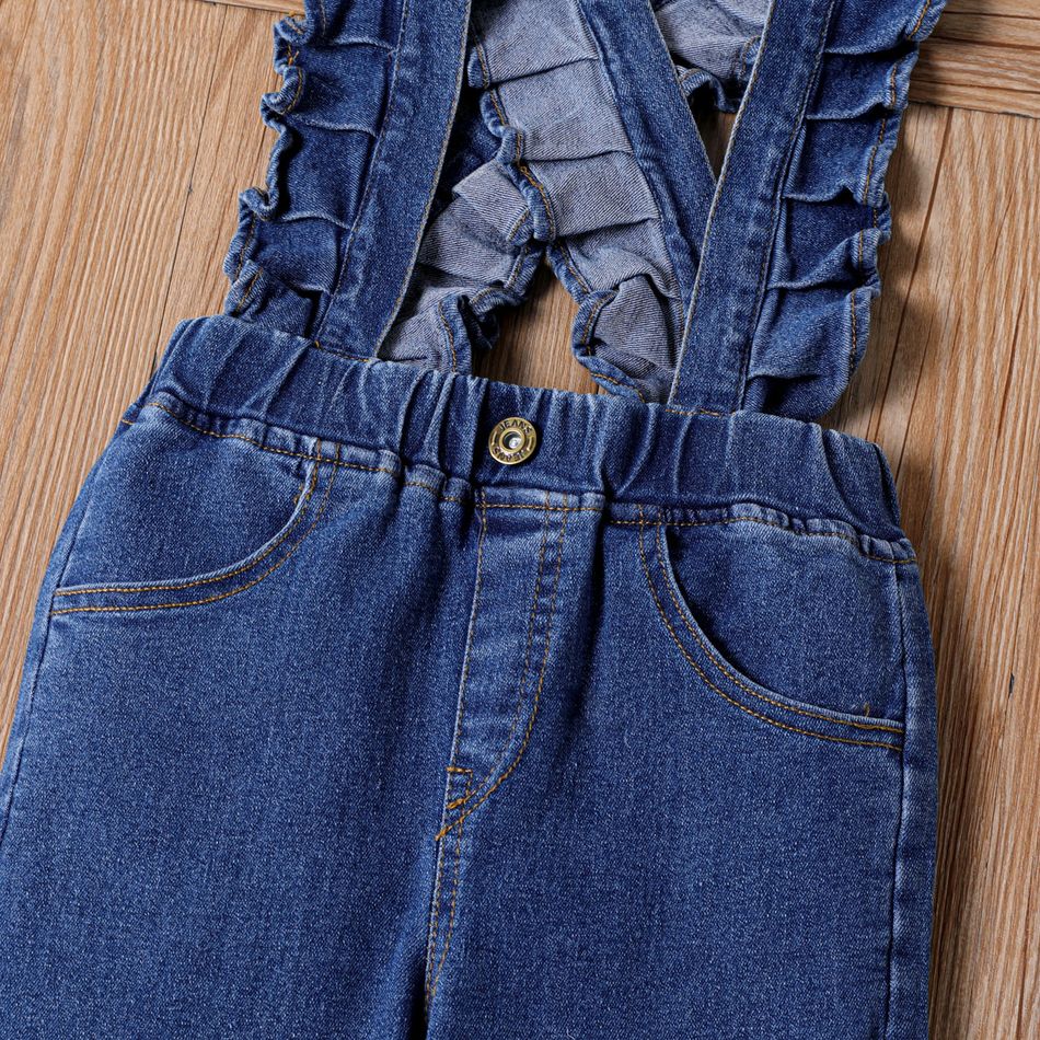 Kid Girl Ruffled Denim Suspender Pants Overalls Blue big image 3