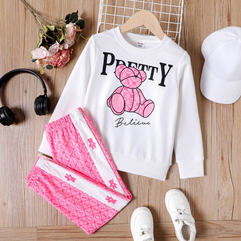 2pcs Kid Girl Letter Bear Print Sweatshirt and Allover Print Pink Pants Set Pink